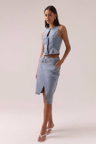 model wears SOVERE STUDIO ETCH DENIM BODICE