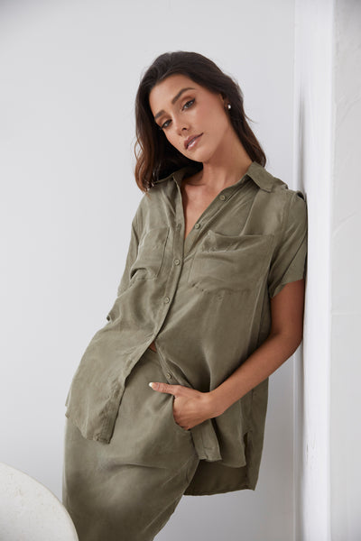 BISK THE LABEL PENNY CUPRO BIAS CUT SKIRT MOSS