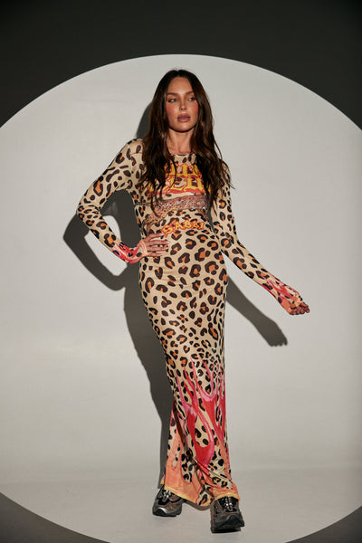SABBI PANTERA LONG SLEEVE LEOPARD FLAMES MESH LONG SLEEVE DRESS | BABY LEMONADE STORE