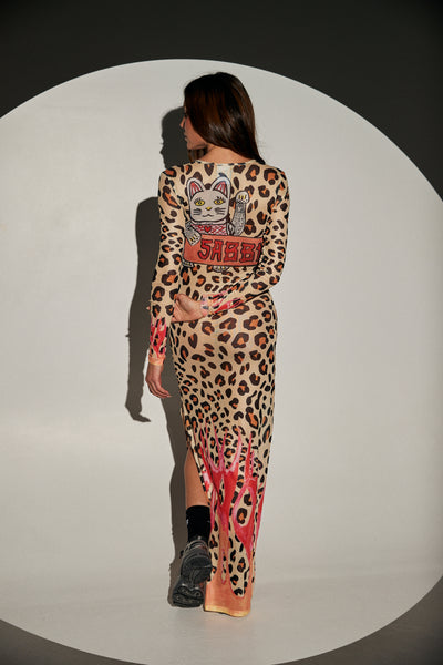 SABBI PANTERA LONG SLEEVE LEOPARD FLAMES MESH LONG SLEEVE DRESS | BABY LEMONADE STORE