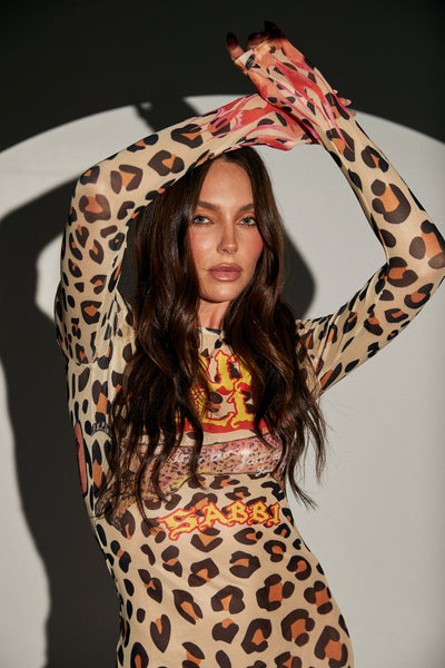 SABBI PANTERA LONG SLEEVE LEOPARD FLAMES MESH LONG SLEEVE DRESS | BABY LEMONADE STORE