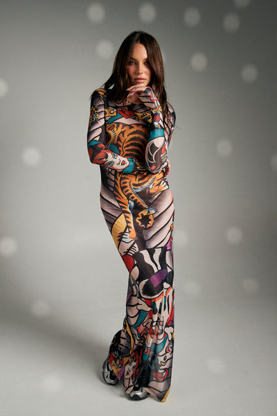 SABBI TATTOO MESH LONG SLEEVE DRESS