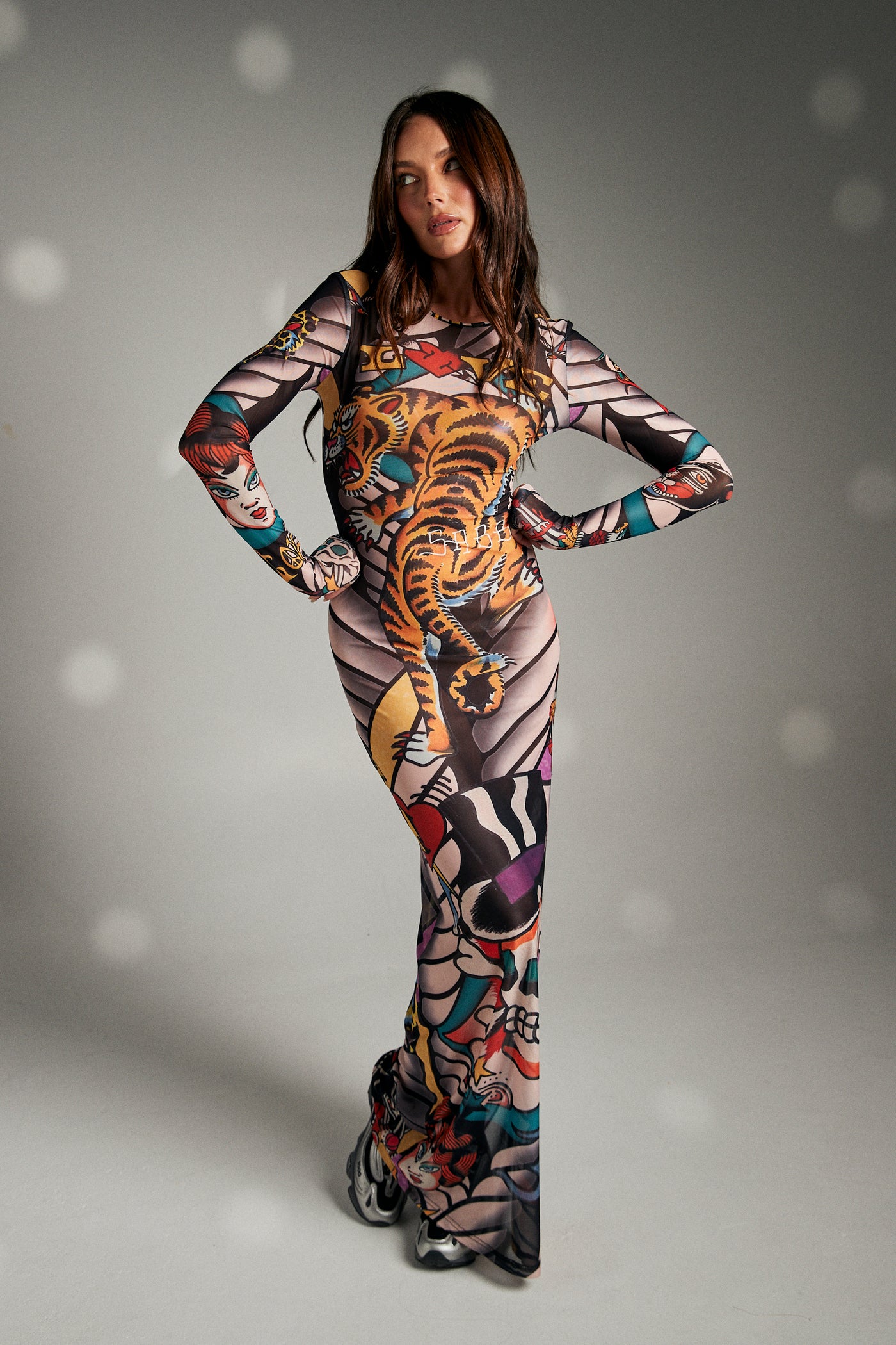 SABBI TATTOO MESH LONG SLEEVE DRESS