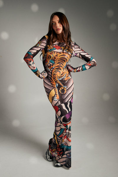 SABBI TATTOO MESH LONG SLEEVE DRESS