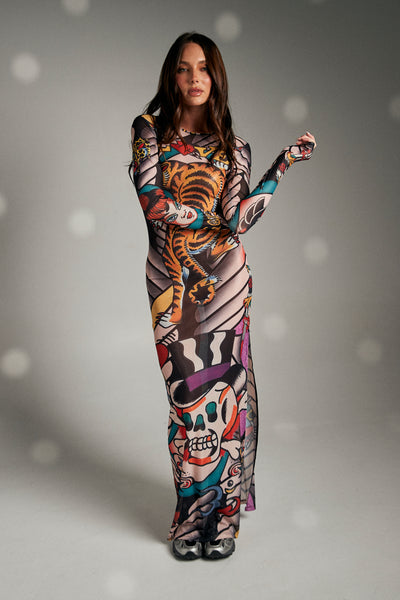 SABBI TATTOO MESH LONG SLEEVE DRESS