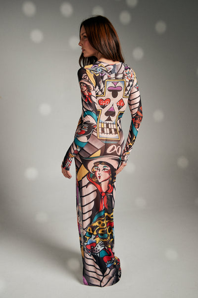 SABBI TATTOO MESH LONG SLEEVE DRESS