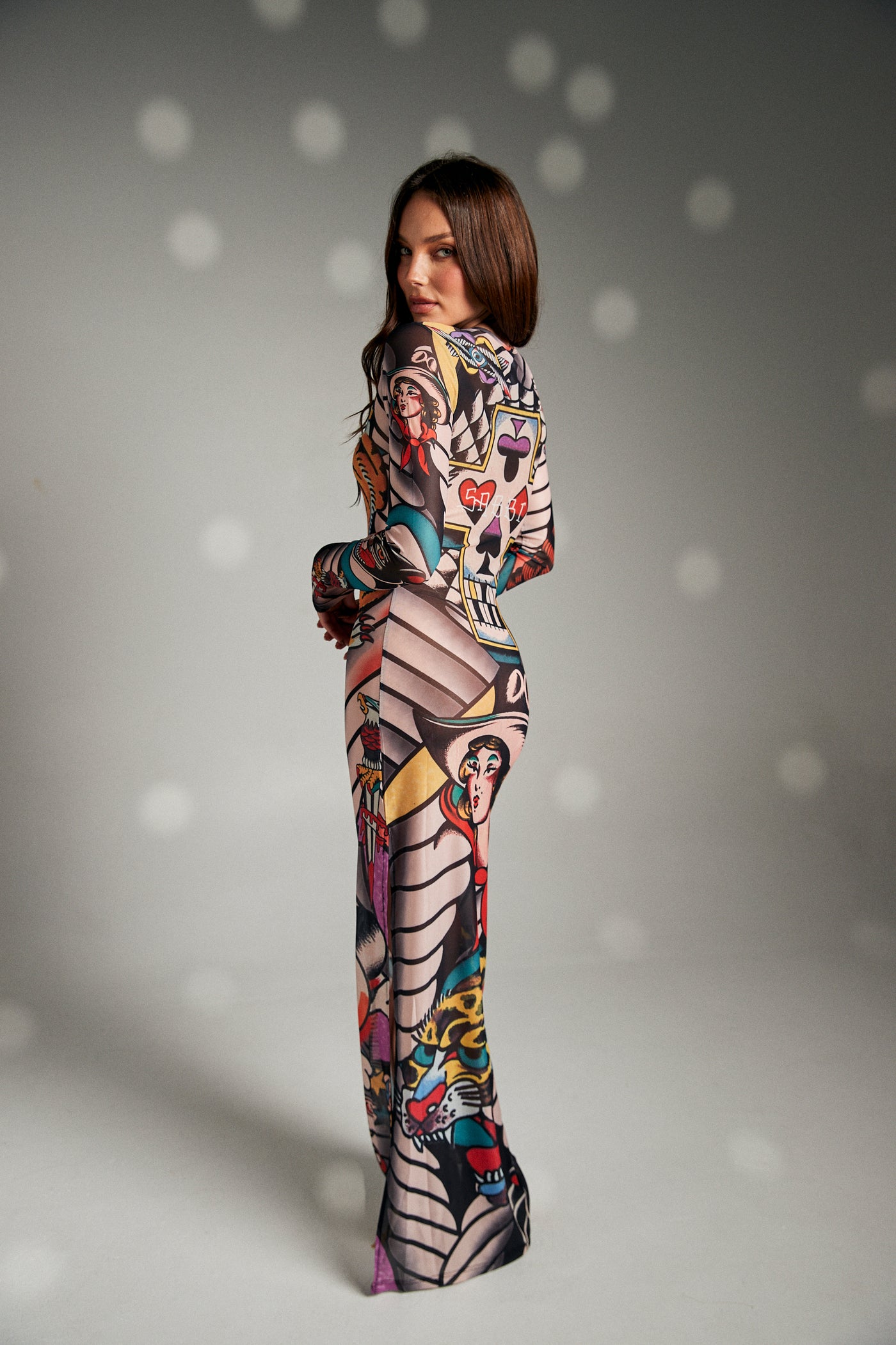 SABBI TATTOO MESH LONG SLEEVE DRESS