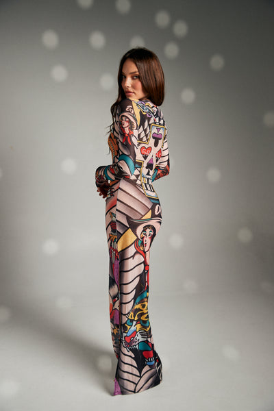 SABBI TATTOO MESH LONG SLEEVE DRESS