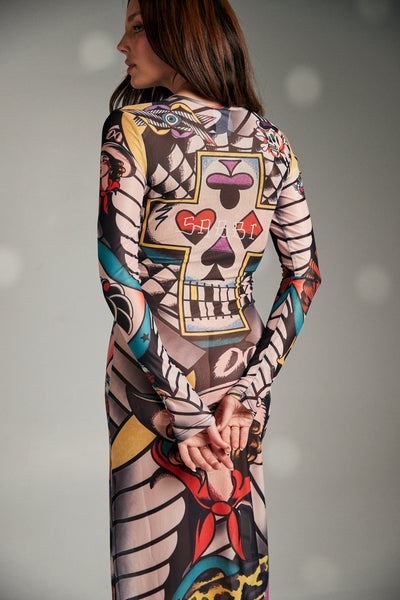 SABBI TATTOO MESH LONG SLEEVE DRESS