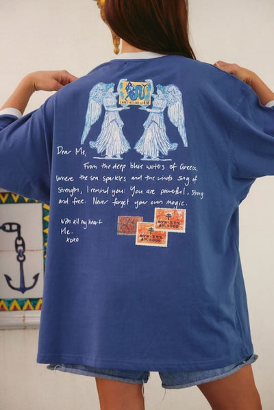 SABBI THE GREECE LOVE NOTES  VERY OVERSIZED  TEE  BLUE