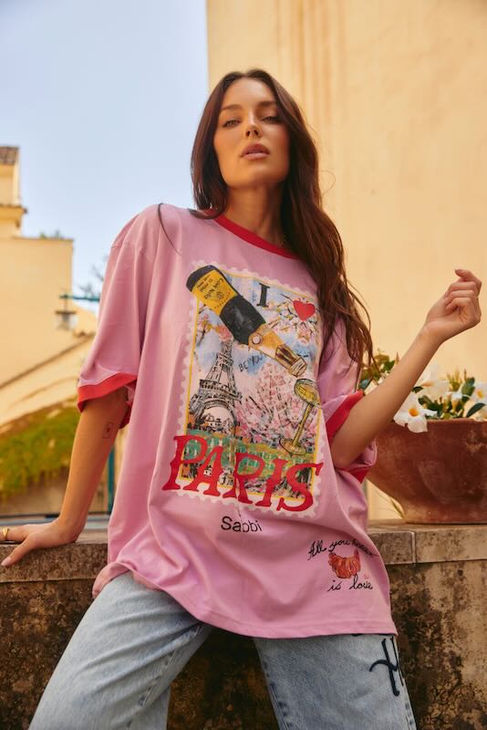 SABBI THE PARIS LOVE NOTES  VERY OVERSIZED  TEE  PINK