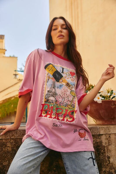 SABBI THE PARIS LOVE NOTES  VERY OVERSIZED  TEE  PINK