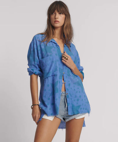 ONE TEASPOON POLKA STAR LONG LINE MUSLIN SHIRT BLUE