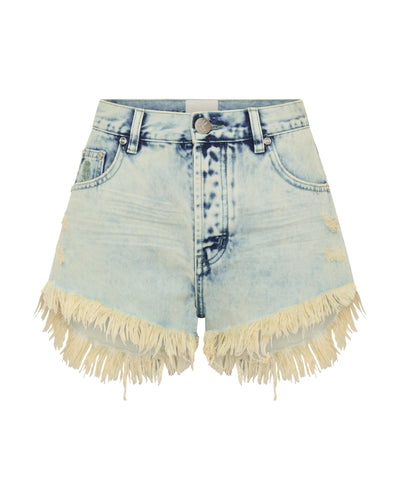 ONE TEASPOON OUTLAWS MID WAIST MID LENGTH DENIM SHORTS AMBROSIA BLUE