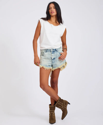 ONE TEASPOON OUTLAWS MID WAIST MID LENGTH DENIM SHORTS AMBROSIA BLUE