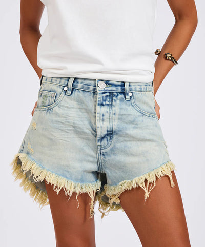 ONE TEASPOON OUTLAWS MID WAIST MID LENGTH DENIM SHORTS AMBROSIA BLUE