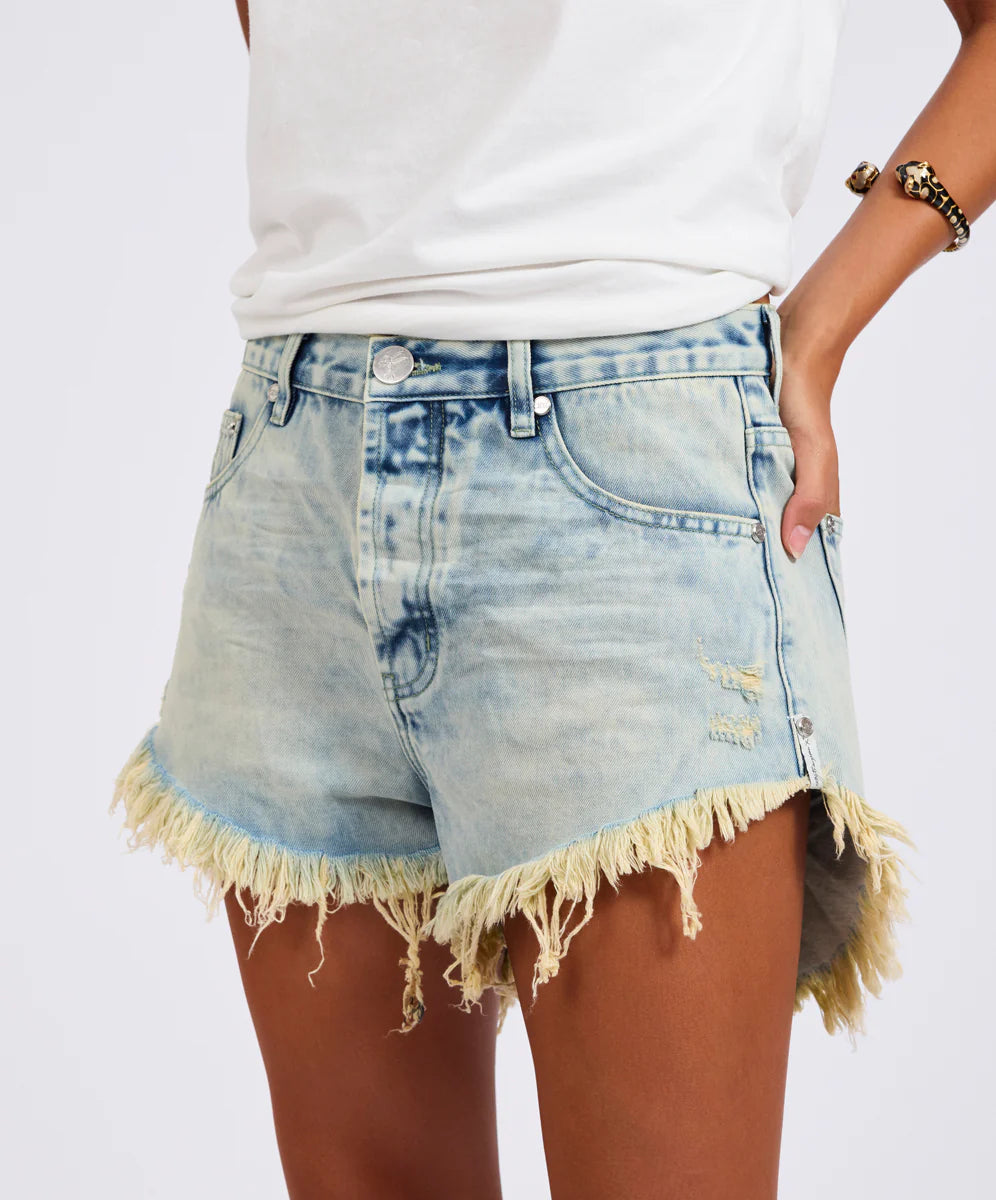 ONE TEASPOON OUTLAWS MID WAIST MID LENGTH DENIM SHORTS AMBROSIA BLUE