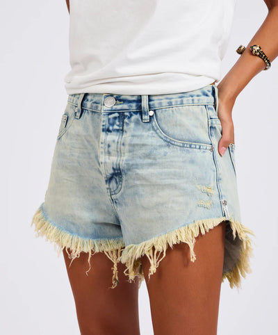 ONE TEASPOON OUTLAWS MID WAIST MID LENGTH DENIM SHORTS AMBROSIA BLUE