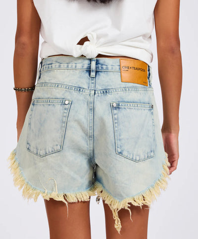 ONE TEASPOON OUTLAWS MID WAIST MID LENGTH DENIM SHORTS AMBROSIA BLUE