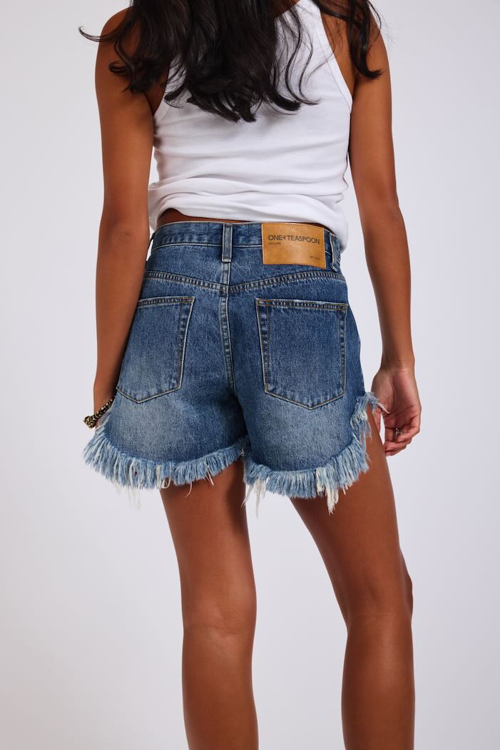ONE TEASPOON FRANKIES HIGH WAIST LONG LENGTH DENIM SHORTS BLUE LOVE