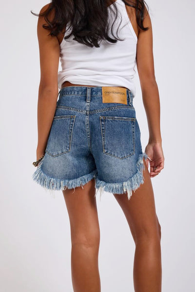 ONE TEASPOON FRANKIES HIGH WAIST LONG LENGTH DENIM SHORTS BLUE LOVE