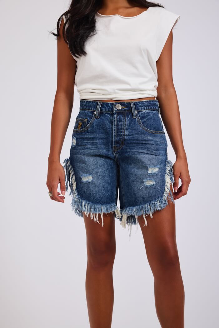 ONE TEASPOON FRANKIES HIGH WAIST LONG LENGTH DENIM SHORTS BLUE LOVE