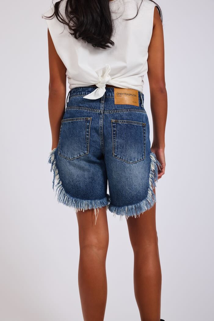 ONE TEASPOON FRANKIES HIGH WAIST LONG LENGTH DENIM SHORTS BLUE LOVE