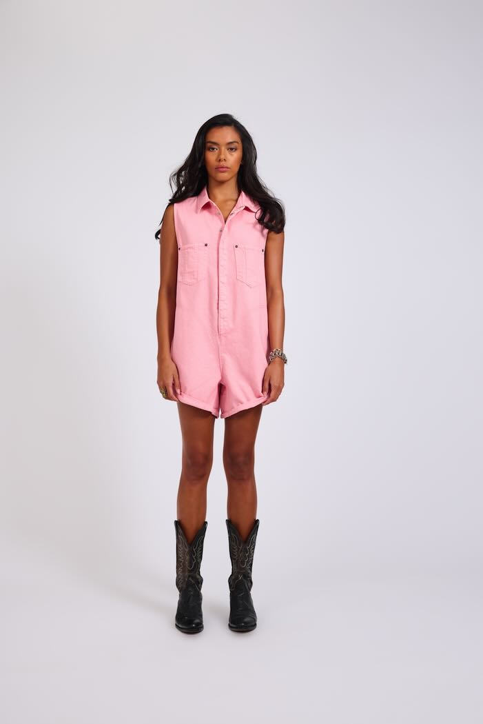 BRAXTON MINI UTILITY DENIM JUMPSUIT PRISM PINK