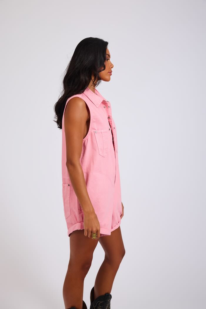 BRAXTON MINI UTILITY DENIM JUMPSUIT PRISM PINK
