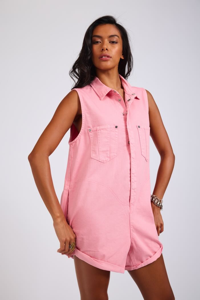 BRAXTON MINI UTILITY DENIM JUMPSUIT PRISM PINK