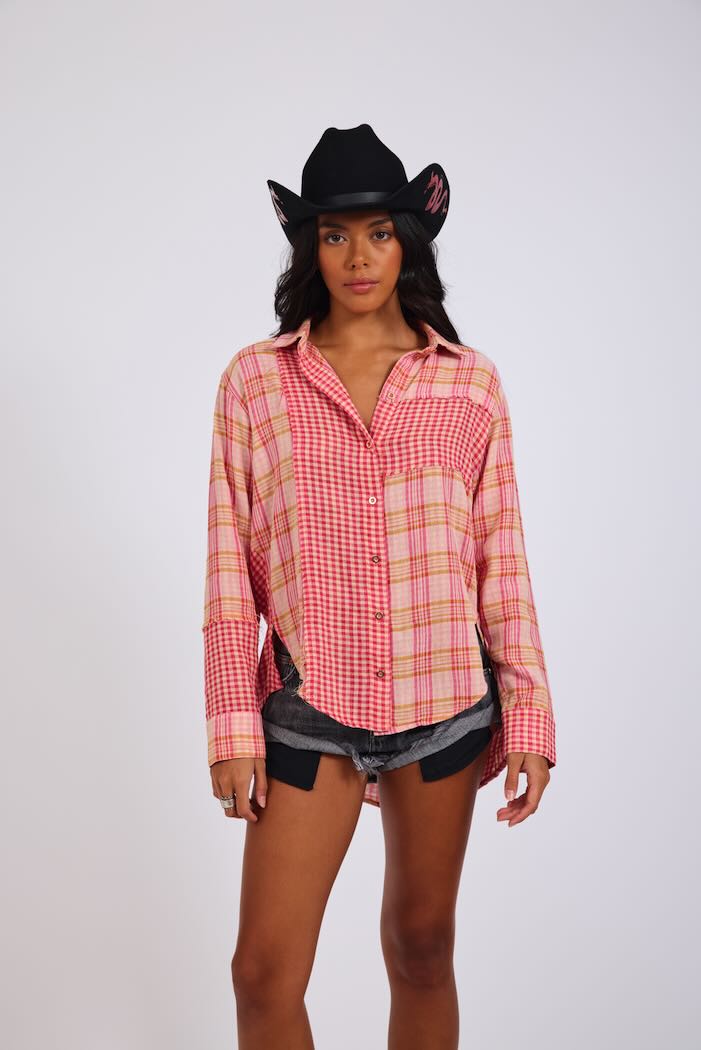 ONE TEASPOON FLANNEL CHECKED COTTON MUSLIN SHIRT PINK