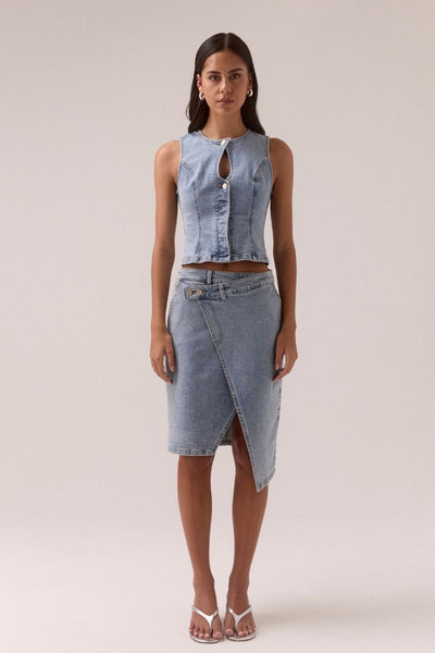 model wears SOVERE STUDIO ETCH DENIM BODICE