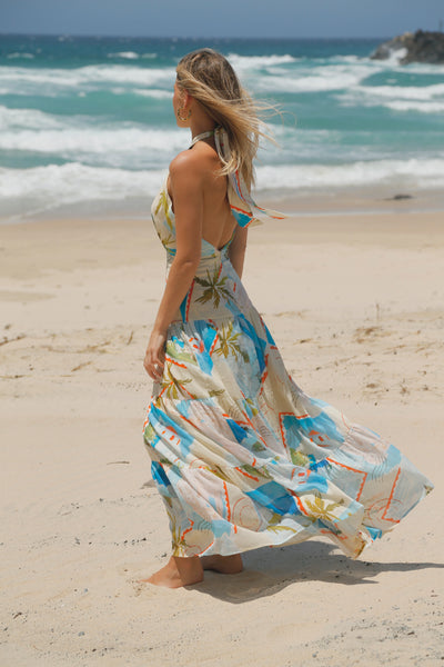 La Maise Studio Ellora Halter Maxi Dres Postcards print