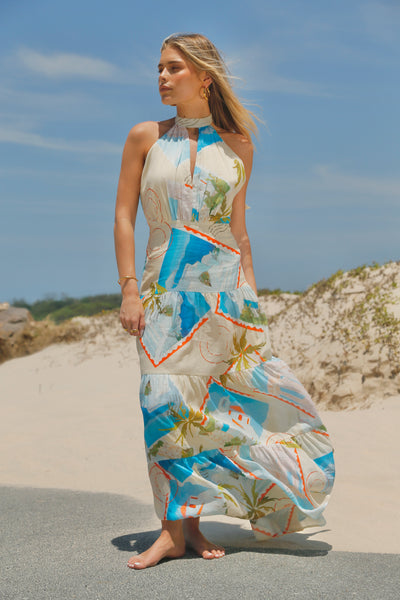 La Maise Studio Ellora Halter Maxi Dres Postcards print