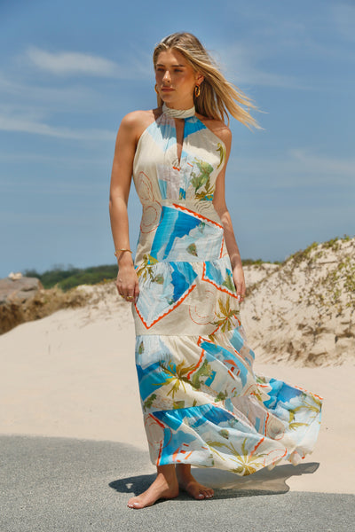 La Maise Studio Ellora Halter Maxi Dres Postcards print