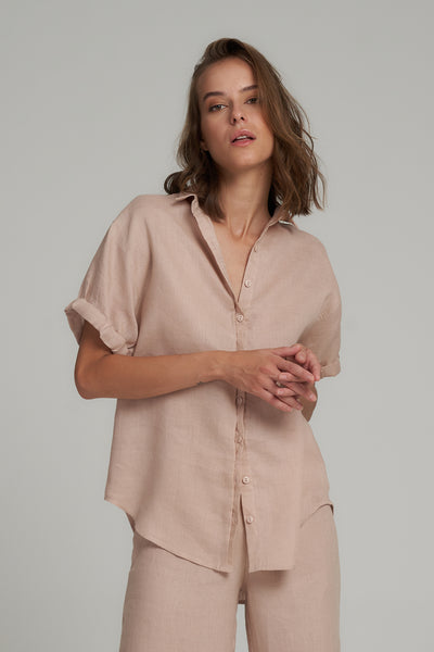 Lilya Hutton Womens linen short sleeve shirt Hibiscus