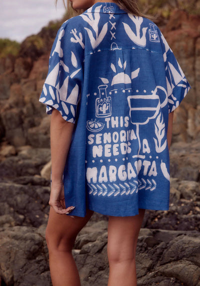 Sabbi the Patron margarita linen shirt it's thirsty work blue