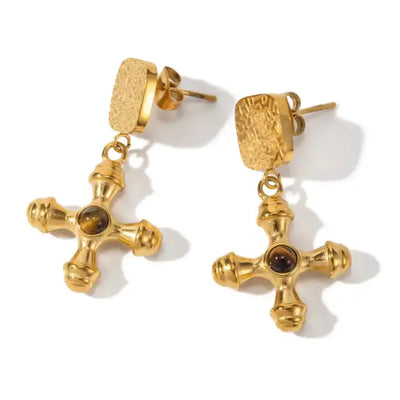TIGER EYE CROSS EARRINGS