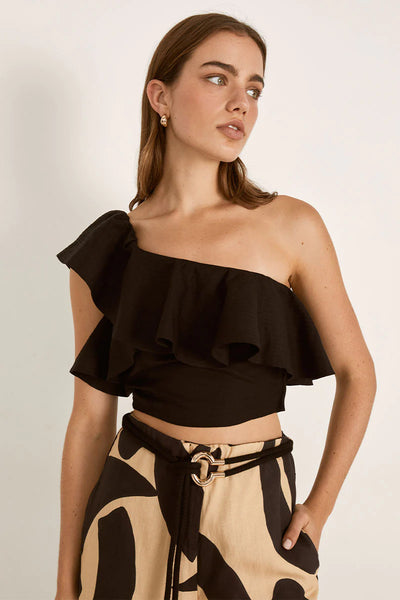 MON RENN FORM CROP ONE SHOULDER TOP BLACK LINEN