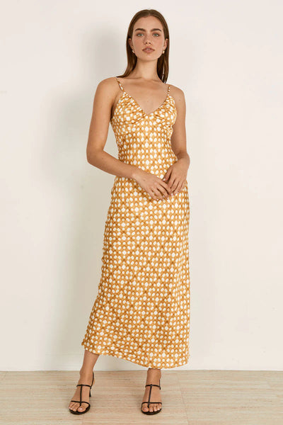 Mon Renn Lumen strappy midi dress golden check