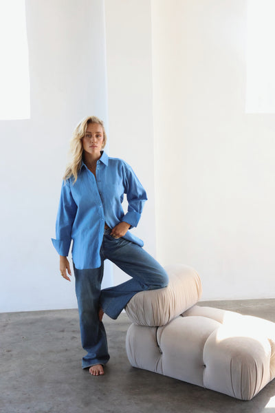 THE LINE | HENDRIX LONG SLEEVE LINEN SHIRT OCEAN| BABY LEMONADE STORE
