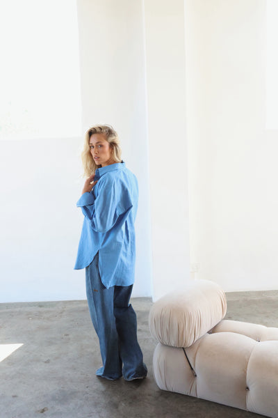 THE LINE | HENDRIX LONG SLEEVE LINEN SHIRT OCEAN| BABY LEMONADE STORE