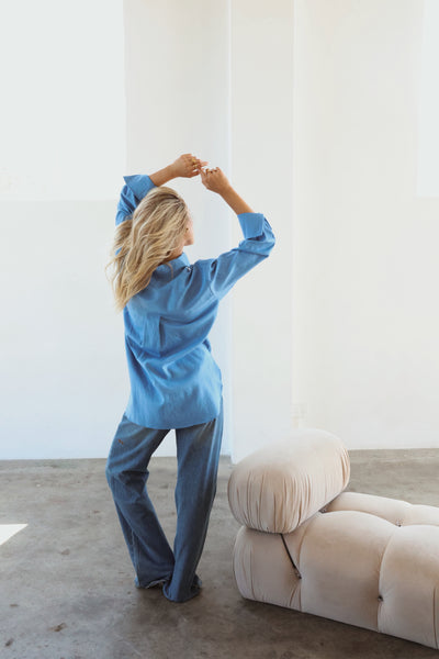 THE LINE | HENDRIX LONG SLEEVE LINEN SHIRT OCEAN| BABY LEMONADE STORE
