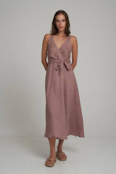 LILYA REVERSE LINEN WRAP DRESS LAVENDER