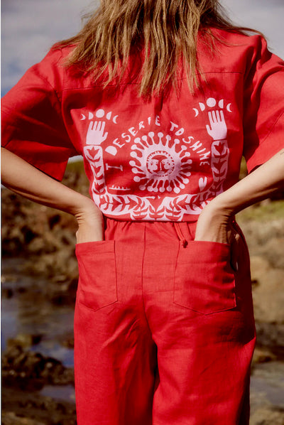 SABBI linen pull on pant El Jimbador, Shine Bright Red. 