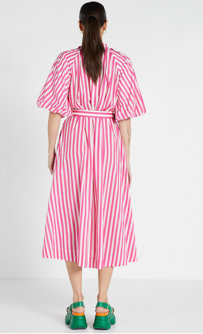 Bohemian Traders Pleated neck stripe cotton shirt dress pink