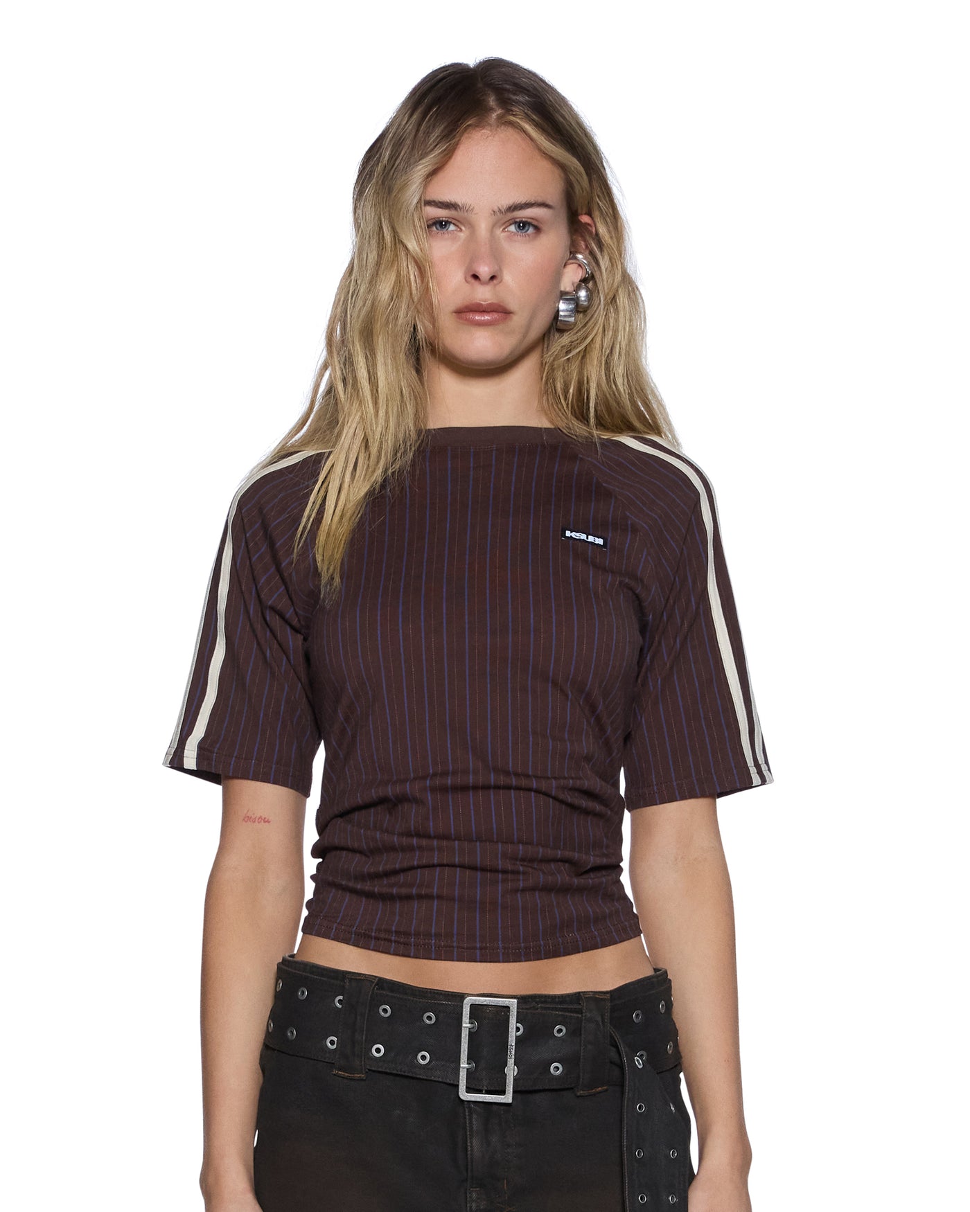 PORTER SS TOP PINSTRIPE BROWN