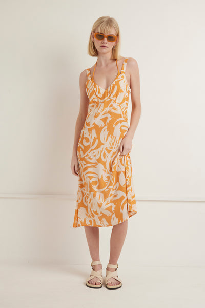 ZERAFIMA ELLA ABSTRACT SLIP YELLOW STRAP DRESSES SUMMER COLLECTION MIDI DRESS ABSTRACT 