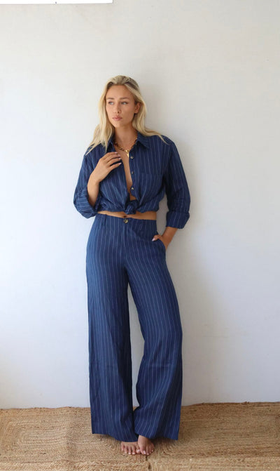 THE LINE BY BABY LEMONADE SLOAN LINEN  PANT NAVY STRIPE