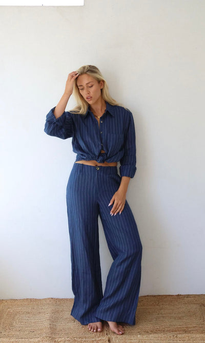 THE LINE BY BABY LEMONADE SLOAN LINEN  PANT NAVY STRIPE